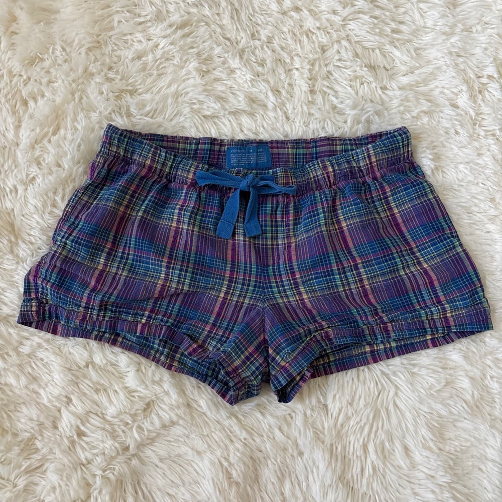 Xhilaration Purple Plaid Pajama Shorts Blue Drawstring Metallic Sparkle Medium